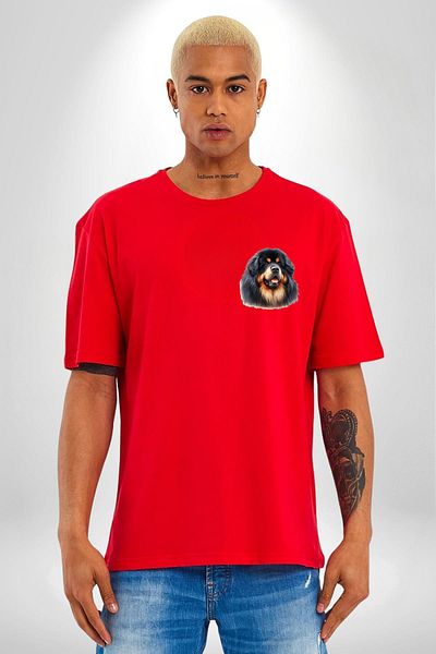 Angemiel Tibetan Mastiff Powerful Loyal Dog Red Oversize Women Men Front Minimal Printed T-Shirt