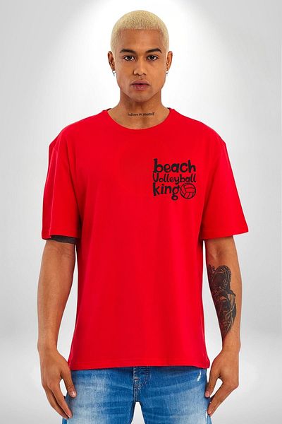 Angemiel Beach Volleyball Rental Written Red Oversize Women's Men's Front Minimal Printed T-Shirt