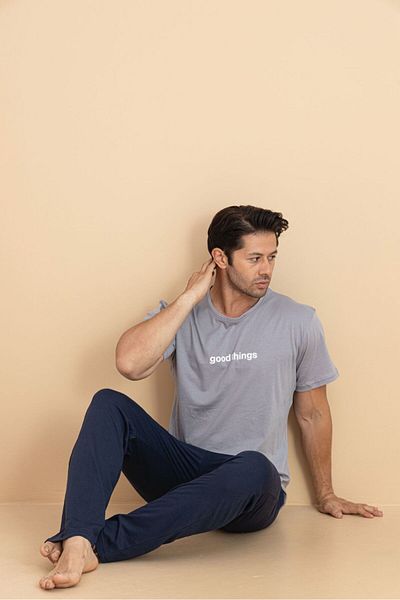 trdpodyum Men's Short Sleeve Pocketed Combed Cotton Pajama Set