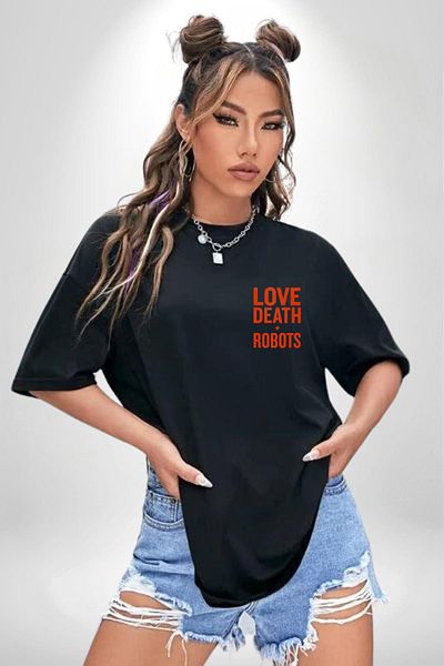 Angemiel Love, Death & Robots Black Oversize Women's Men's Front Minimal Printed T-Shirt