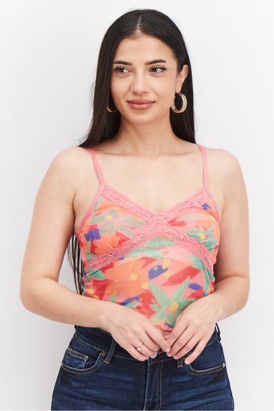 Sinsay Women V Neck Sleeveless Floral Print Cami Top, Pink Combo