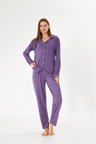 Pajama Shop Women's Milan Fabric Purple Polka Dot Shirt Collar Button-Down Long Sleeve Winter Pajamas Set