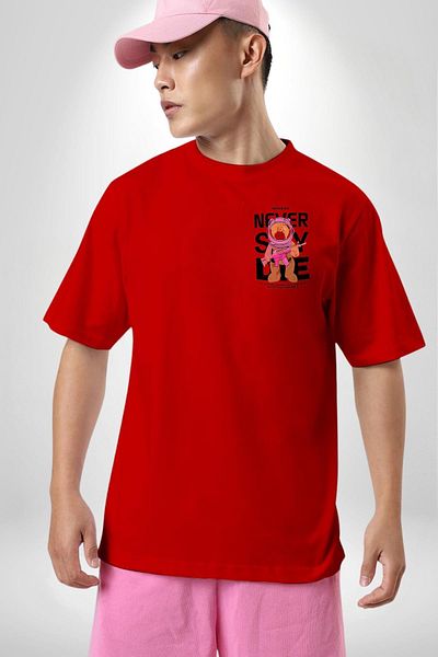 Angemiel Never Say Impossible Bear and Astronaut Red Oversize Women Men Front Minimal Printed T-Shirt