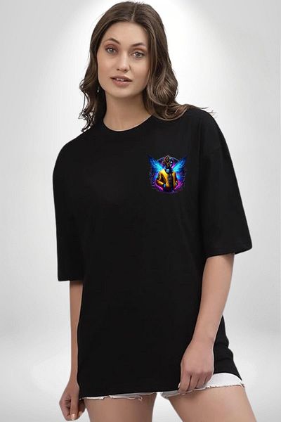 Angemiel Electronic Music and Wings New Generation Design Black Oversize Women Men Front Minimal Printed T-Shirt