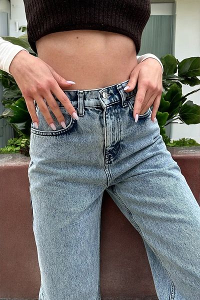 byhaziran butik Suzzin Women's Blue Snow Wash High Waist Stretchy Wide Leg Jeans