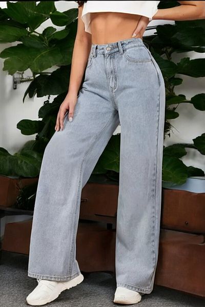 byhaziran butik Cillia Women's Light Blue Wash High Waist Denim Fabric Loose Leg Jeans