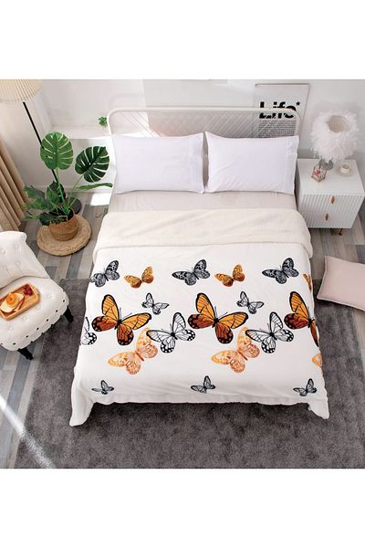 FIONNA.RO Cocolino Blanket With Fur 200x230cm - White With Butterflies