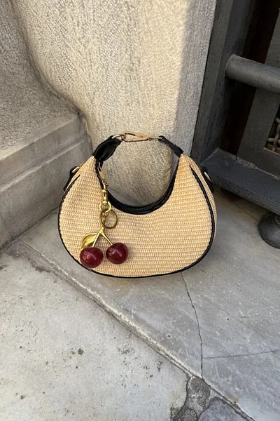 LEONAS Women's Hand and Shoulder Bag Alyona Straw Black with Cherry Charm Gift