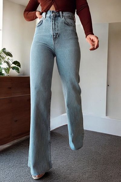 byhaziran butik Niony Women's Blue Snow Wash High Waist Lycra Wide Leg Jeans