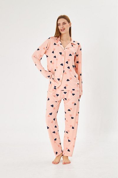 Pajama Shop Women's Milan Fabric Puppy Mouth Heart Pattern Shirt Collar Button-Through Long Sleeve Winter Pajamas Set