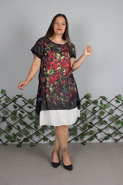 Truva XXL Cheesecloth Fabric Authentic Black Floral Pattern Plus Size Dress – Summer and Comfortable Model