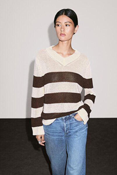 Massimo Dutti Çizgili pamuklu triko kazak