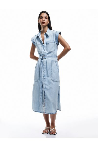 Koton Cămașă fără mâneci, guler, buzunar, curea, rochie din denim de lungime midi