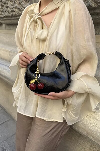 LEONAS Women's Hand and Shoulder Bag Alyona Leather Black with Cherry Charm Gift