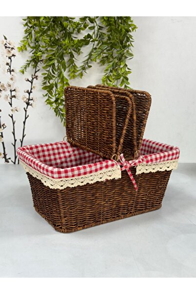 Kosova KOSAVA Kumaşlı Dikdörtgen Rattan Piknik Sepeti 38 cm TKEBT Kahve