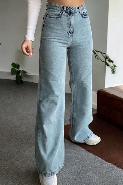 byhaziran butik Minalin Women's Light Blue Snow Wash High Waist Stretchy Stylish Wide Leg Jeans