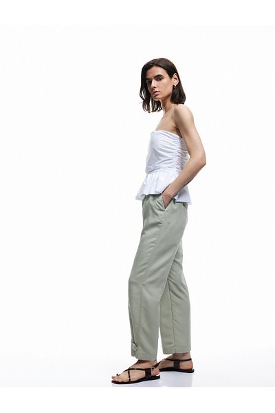Koton Modal Blend Elastic Waist Pocket Loose Straight Leg Trousers