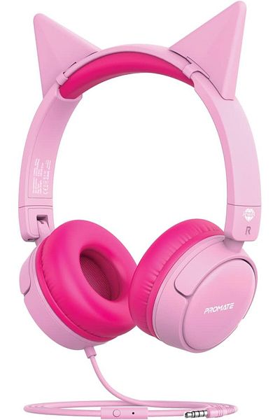 Promate Wired Kids Headphones, Premium Detachable Cat Ear Kids Headset with Mic, 85dB to 95dB Sound