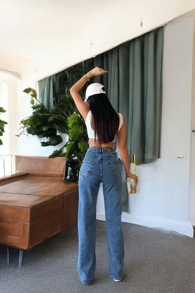 byhaziran butik Oreo Young Girl Light Blue Snow Wash High Waist Lycra Casual 90's Loose Leg Denim Pants