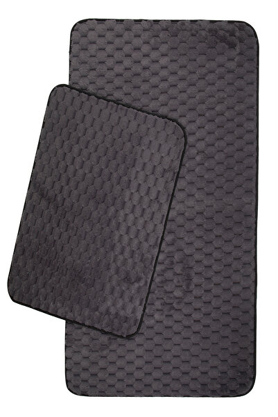 ROVİGO HOME قاعدة جلدية فاخرة، نسيج قرص العسل ناعم، مجموعة من 2 سجادة حمام 100x60 - 60x50 سم - أنثراسيت