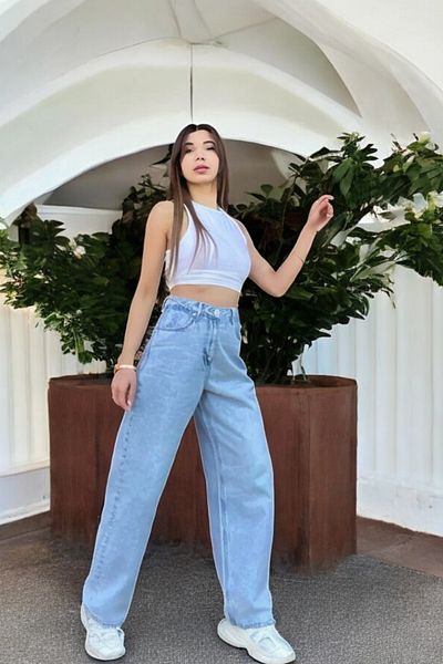byhaziran butik Bucky Women's Light Blue Snow Wash High Waist Lycra Comfortable 90's Loose Leg Jeans