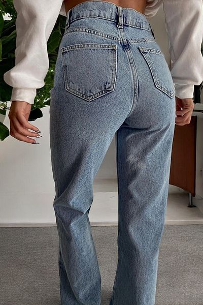 byhaziran butik Will Women's Blue Snow Washed High Waist Stretchy Denim Fabric Loose Leg Jeans