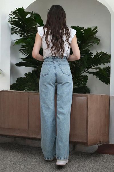 byhaziran butik Rebecca Young Girl Blue Wash High Waist Lycra Loose Wide Leg Jeans