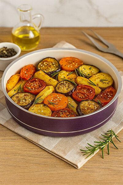 EVİNDA Cast Granite Round Baking Tray – 28 Cm, 3.7 Liters, Fireproof Non-Stick, High Heat Resistant