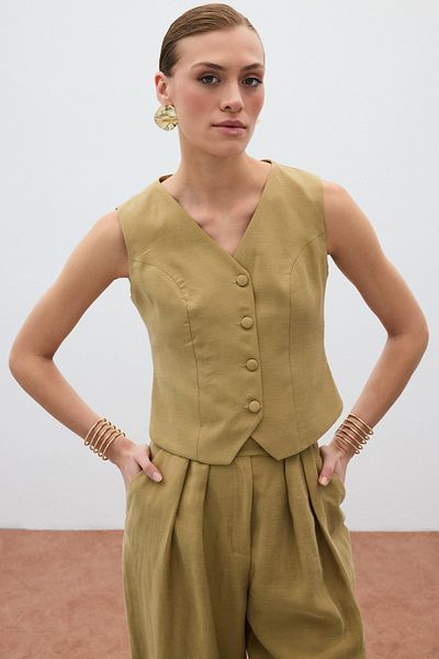Sateen Linen Vest - Khaki