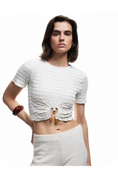 Koton Wrap Fabric Short Sleeve Crew Neck Crop T-Shirt with Accessories