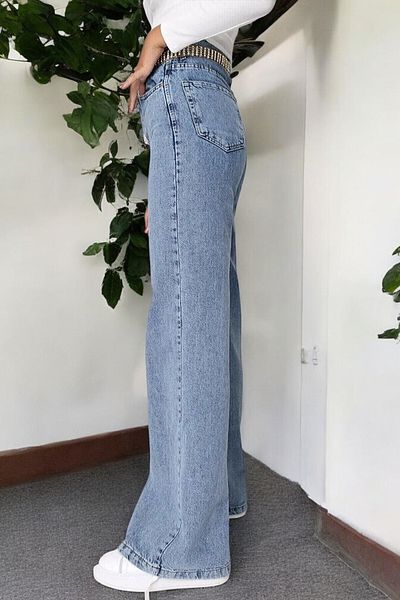 byhaziran butik Kellry Women's Snow Wash High Waist Stretchy Wide Leg Jeans