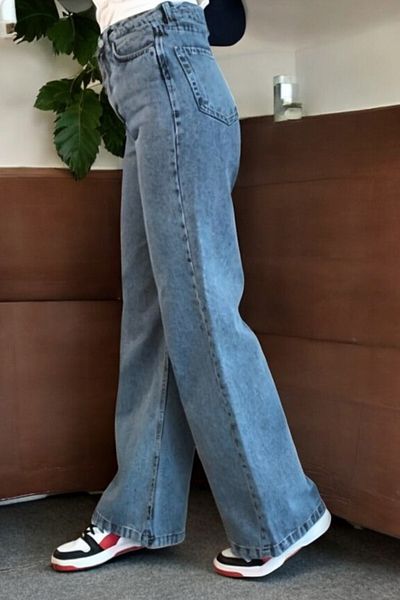 byhaziran butik Lissa Young Girl Blue Wash High Waist Lycra Loose Wide Leg Jeans