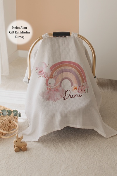 Lilabio %100 Pamuk İsme Özel Çift Katlı Müslin Puset Örtüsü - Tavşan