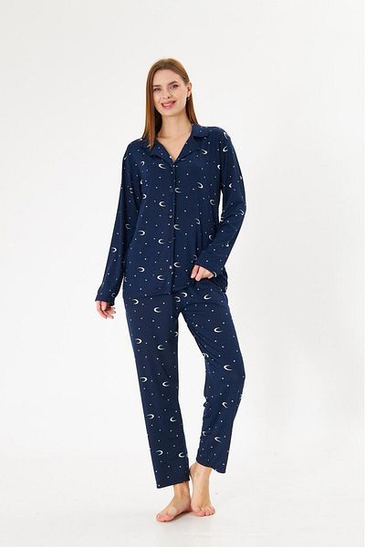 Pajama Shop Women's Milan Fabric Navy Blue Moon Star Night Themed Shirt Collar Buttoned Long Sleeve Winter Pajamas Set
