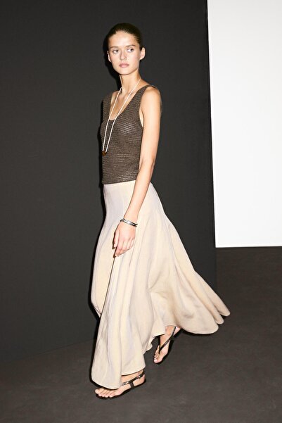 Massimo Dutti Volanlı keten karışımlı midi etek