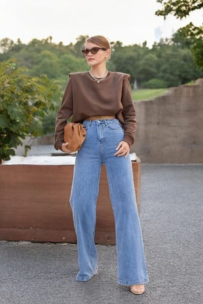 byhaziran butik Hansu Women's Blue Snow Wash High Waist Lycra Wide Leg Jeans