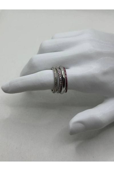 lysiaaccessory Set of 4 Stone Combination Steel Rings – Silver Color Pink Stone