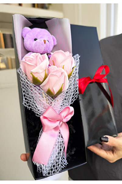 Linalux Gifts Kadına Hediye Mor Ayıcıklı ve Pembe Güllü Hediye Kutusunda Buke...