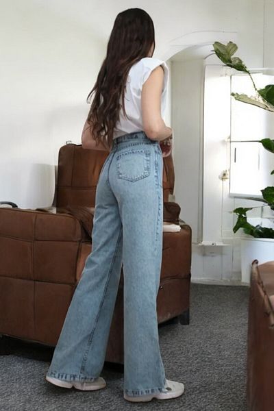 byhaziran butik Bunny Women's Blue Snow Wash High Waist Lycra Wide Leg Jeans