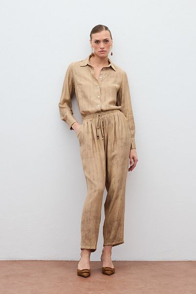 Sateen Sunken Patterned Trousers - Camel