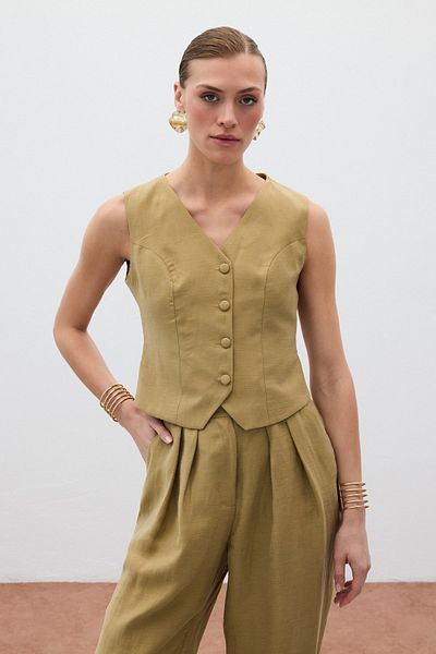 Sateen Linen Vest - Khaki