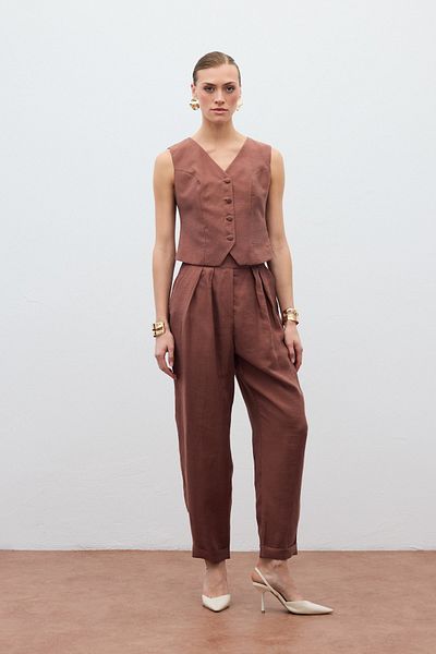 Sateen Casual Linen Trousers - Brown
