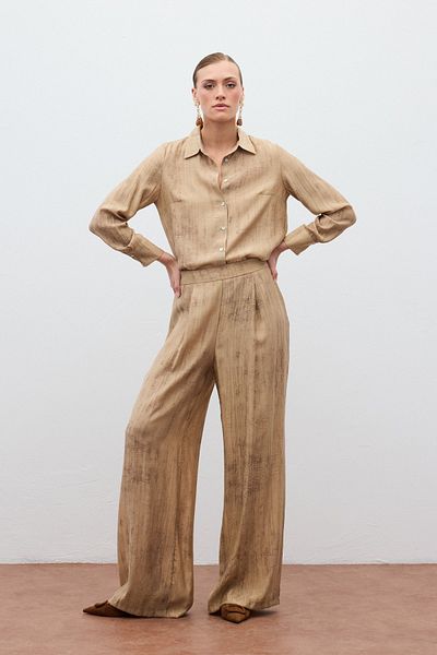 Sateen Patterned Loose Trousers - Camel