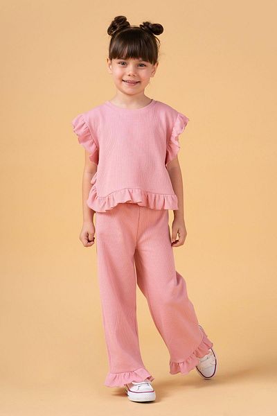 Magu Girls Cotton Pink Ruffle Set - Short Sleeve Top and Wide Leg Pants