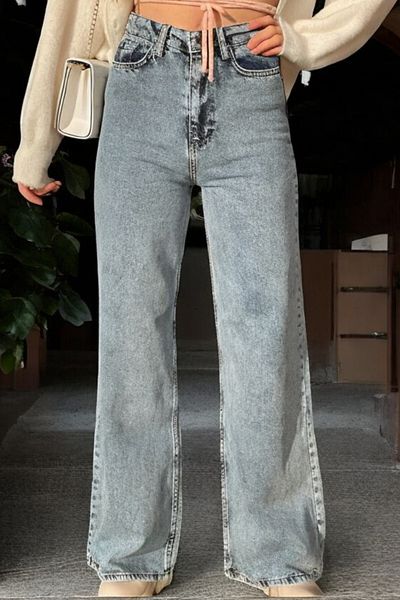 byhaziran butik Leyra Light Blue Snow Wash High Waist Stretchy Stylish Wide Leg Jeans