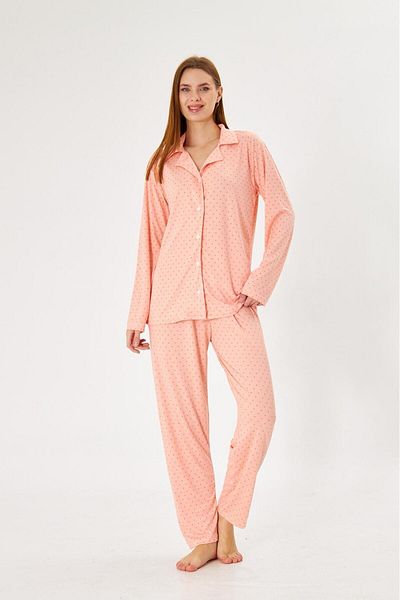 Pajama Shop Women's Milan Fabric Puppy Mouth Polka Dot Shirt Collar Button-Down Long Sleeve Winter Pajamas Set