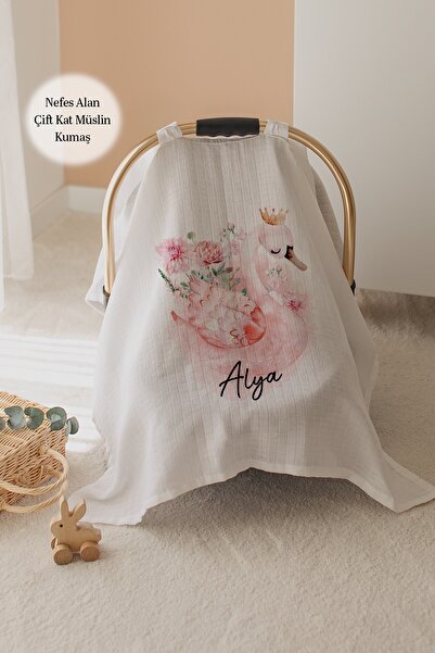 Lilabio %100 Pamuk İsme Özel Çift Katlı Müslin Puset Örtüsü -Kuğu