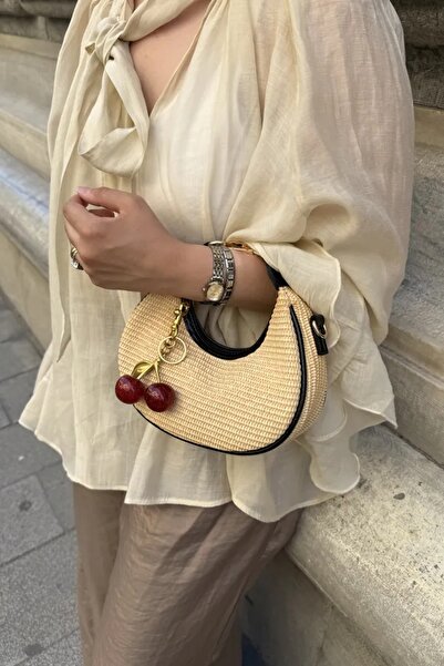 LEONAS Women's Hand and Shoulder Bag Alyona Straw Black with Cherry Charm Gift