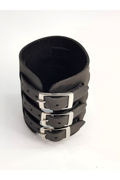 aysefe Genuine Leather 3 Belts Wide Ottoman Janissary Bracelet
