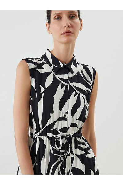LC Waikiki Lcwaikiki Classic Black Patterned Shirring Shirt Dress